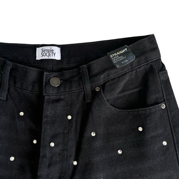 Simple Society Black Rhinestone Straight Leg Super High Rise Button Fly Jeans - Picture 2 of 11